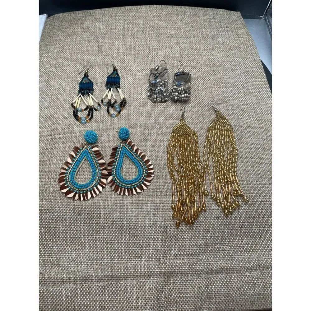 Bundle of Four 4 Pair Artisan Pierced Earrings Tribal Themed Beaded and Metal Mi